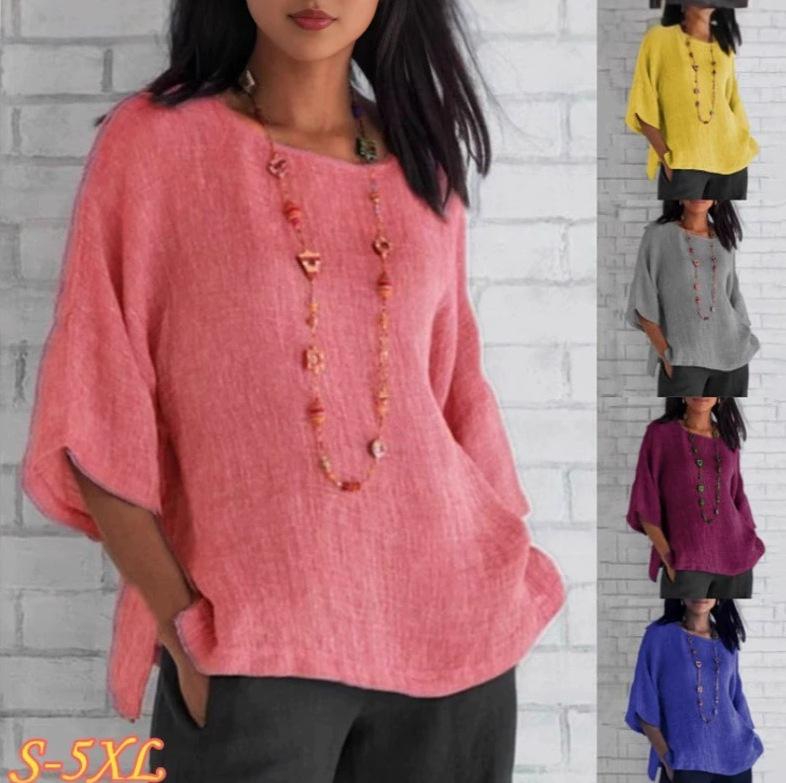Women's Retro Cotton Linen Seven-Sleeve Shirt - Round Neck Top