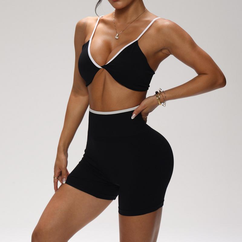 JYL Seamless Ribbed Contrast Knot High Waist Shorts