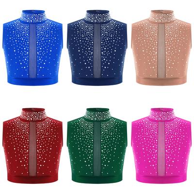 Girls Contemporary Modern Dance Top Mock Neck Sleeveless Keyhole Back Shiny Rhinestones Crop Top Performance Wear