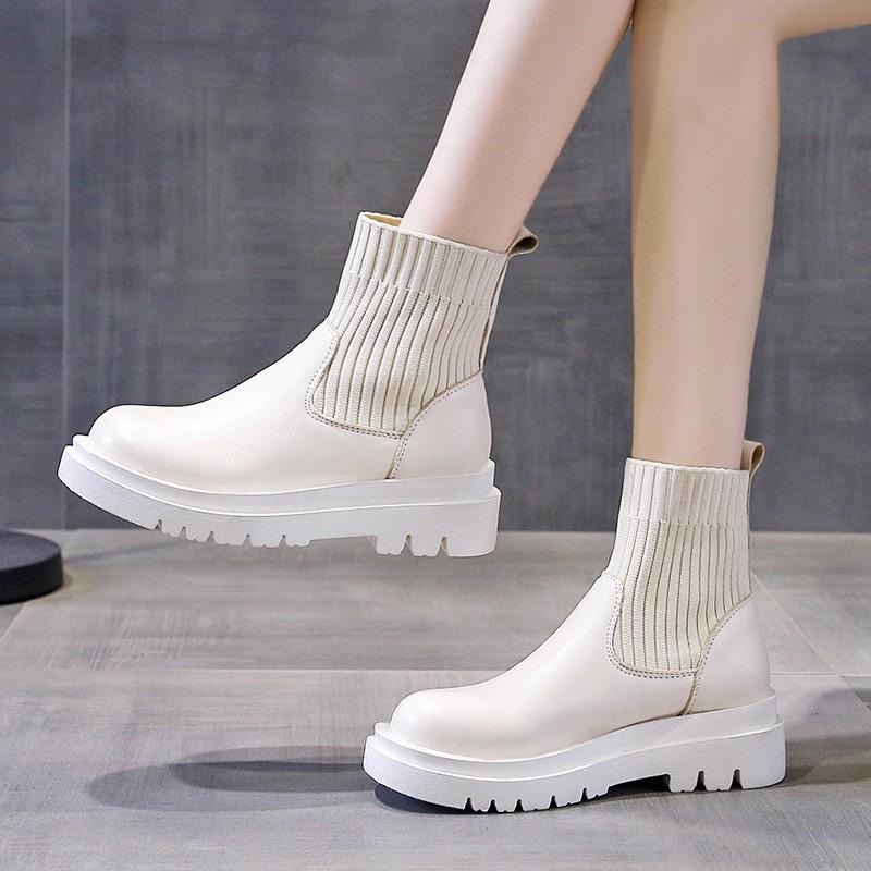 Fashion Spliced Wool Boots Autumn New Round Toe Cover Foot Platform Sole Non-slip Wear-resistant Block Heel Short Thigh Single Boots