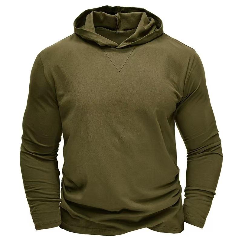 Spring Autumn Loose Casual Solid Color Hooded Tee Male Long Sleeve Pullover Cotton Top Men All-match Tee