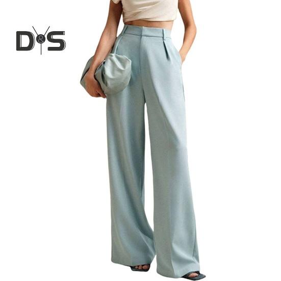 Women Pants High Waist Button Zipper Closure Straight Wide Leg Long Trousers with Pockets Solid Color Commuting Style Pants