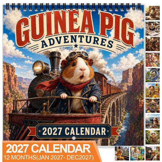 Gift for Guinea Pig Lovers 2027 Adventures Wall Calendar, Cute 12 Monthly Planner with Large Grid Calendar Writing Imaginative Scenes, Spiral