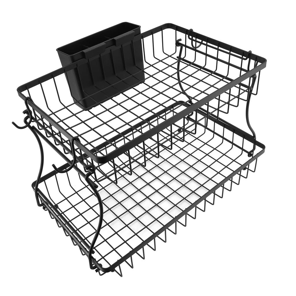 2 Tier Fruit Organizer with Basket and Hooks Detachable Storage Holder for Kitchen Vegetable Bathroom Supplies