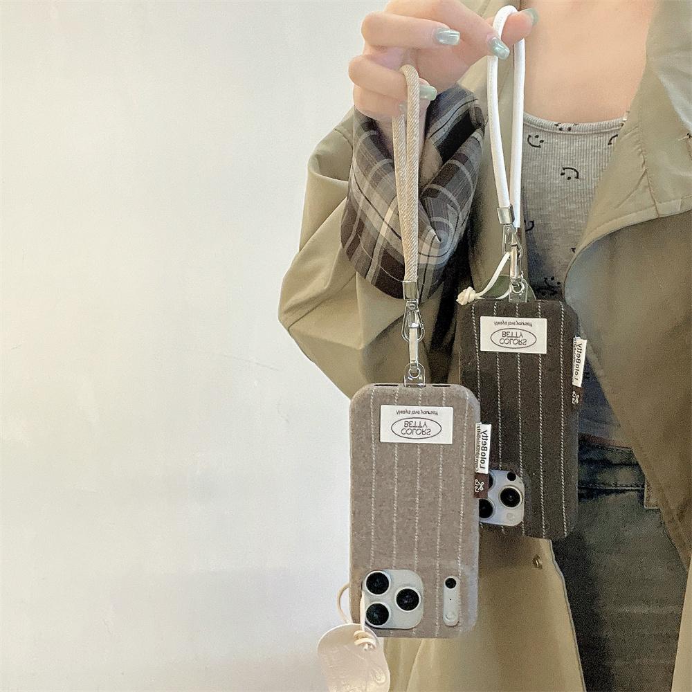 Korea ISN Simple Striped Plush Phone Case for iPhone 17 16 Pro 15 14 Pro Max 13 Cover with Lanyard Fashion Protection Funda Case