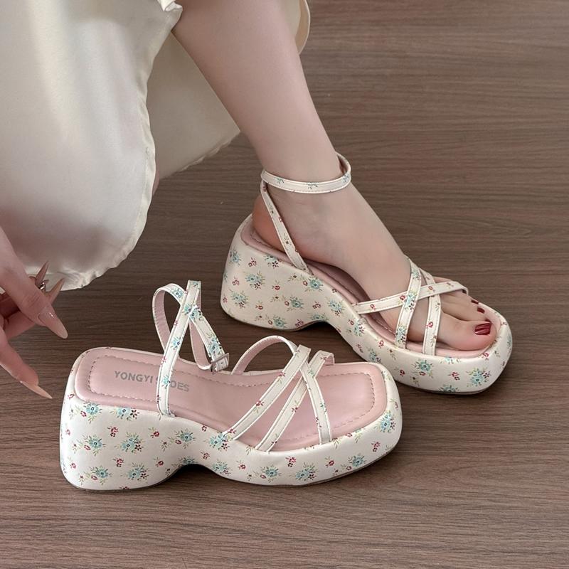 2025 Summer Women Floral Platform Wedges Heel Female Sandals Fashion Narrow Band Ladies Elegant Party Dress Gladiator Sandalias