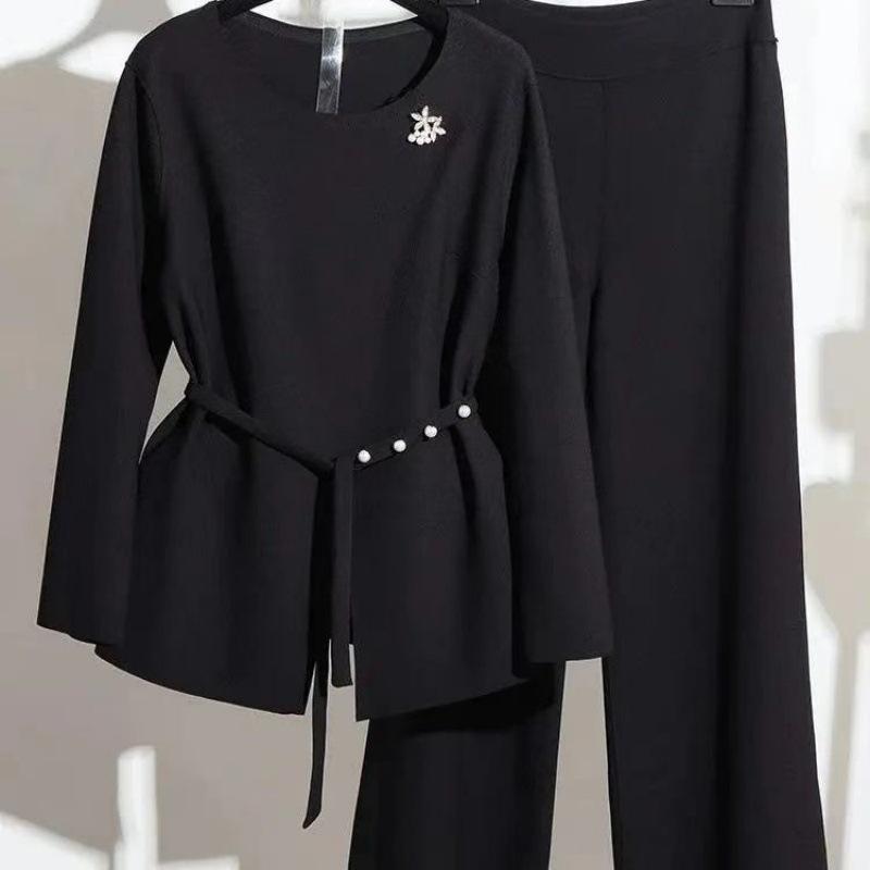 Fall Style: Simple and Elegant Light and Mature Style with Sequin Belt Top + Wide-leg Pants Two-piece Women's Outfit