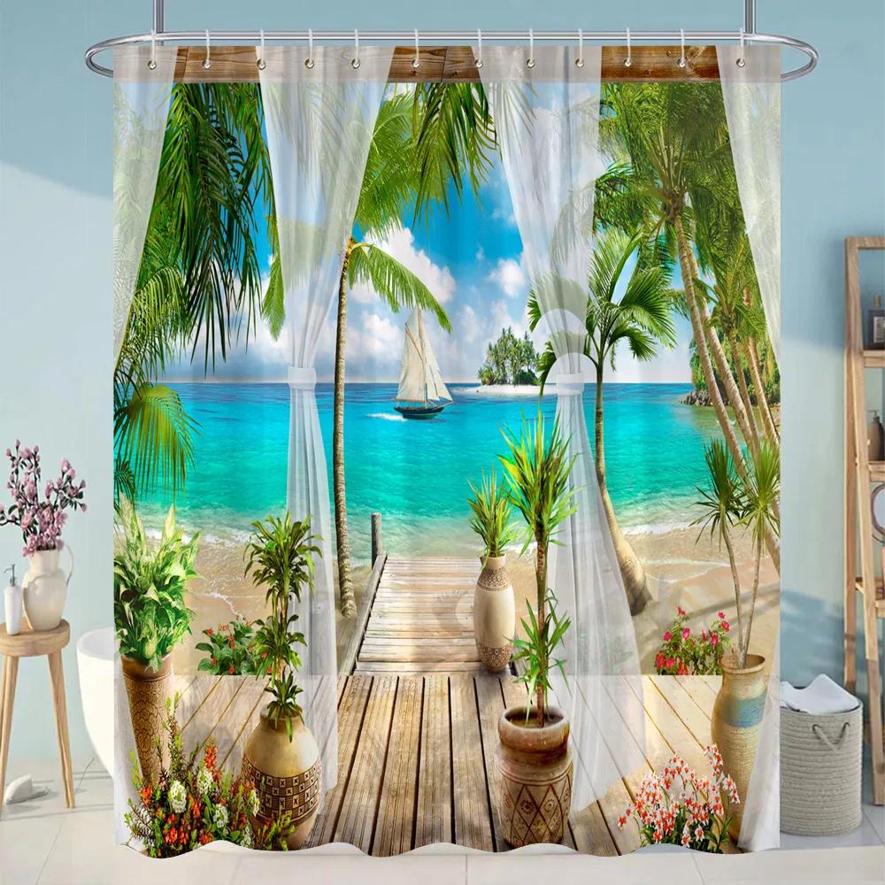 Simulation Window Beach Forest Outdoor Shower Curtain Tropical Seaside Landscape Bohemian Cloth Hanging Curtains Bathroom Decor