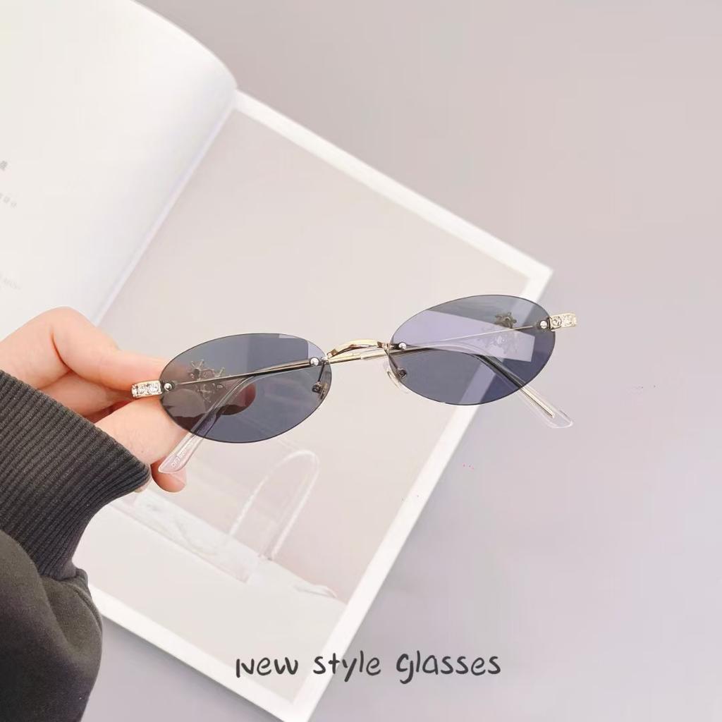 Korean Fashion Women'S Sunglasses Oval Shape Rimless Anti-Glare Sun Glasses Women Rhinestone Decoration Female Sunglass