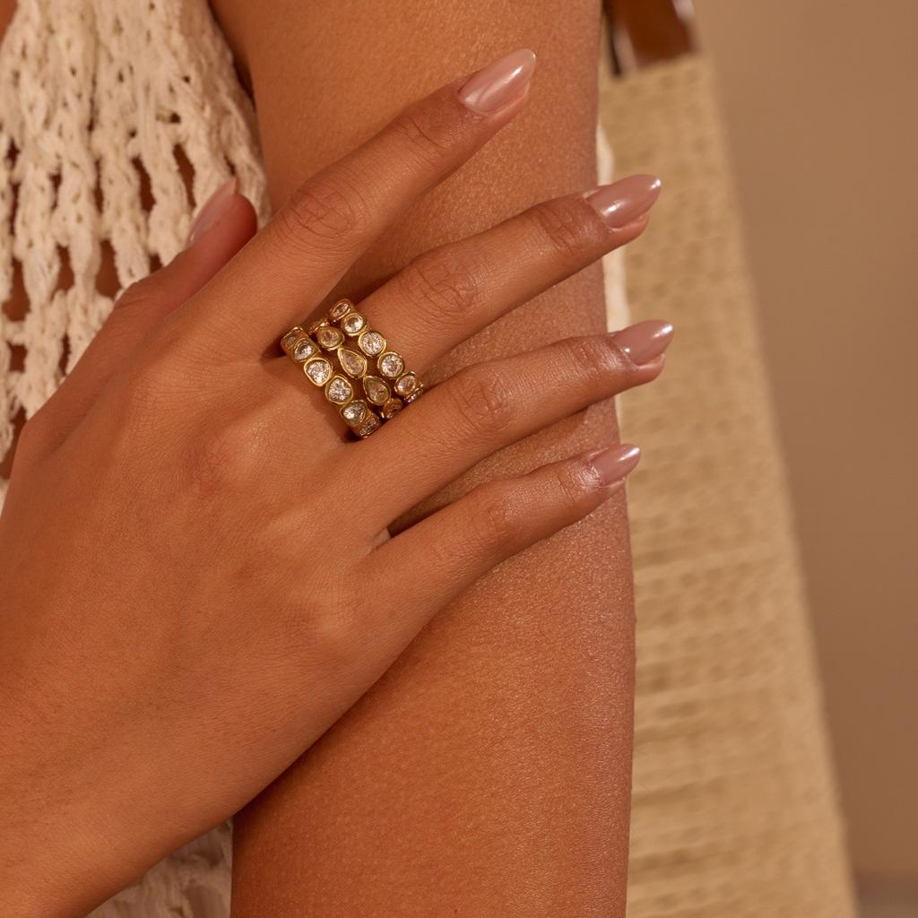 GEMCHIC Women's Stainless Steel Rhinestone Ring Stackable Fashion Geometry Minimalist Band Jewelry