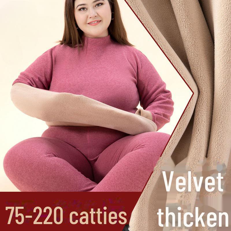 "Unisex Plus Size Thermal Underwear Set - Thick Lambskin, Round Neck for Autumn/Winter"