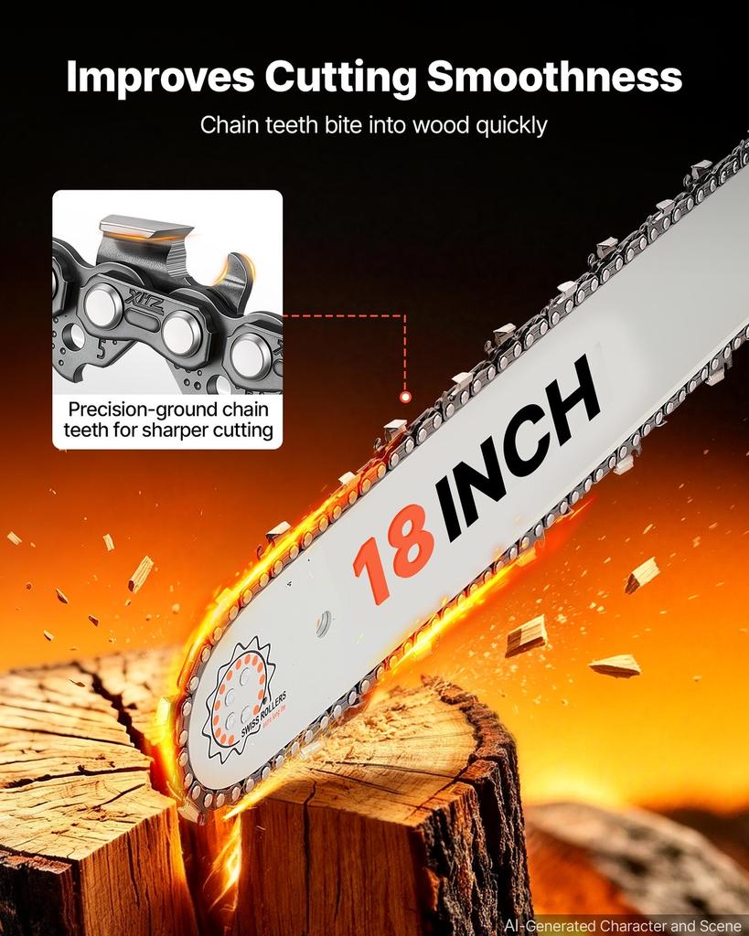Gas Powered Chainsaw 457.2 mm 52CC 2kW 2 Stroke Engine Gas Chainsaw, for Wood Cutting, Tree Trimming & Land Clearing, Throttle-Synced Choke, Power
