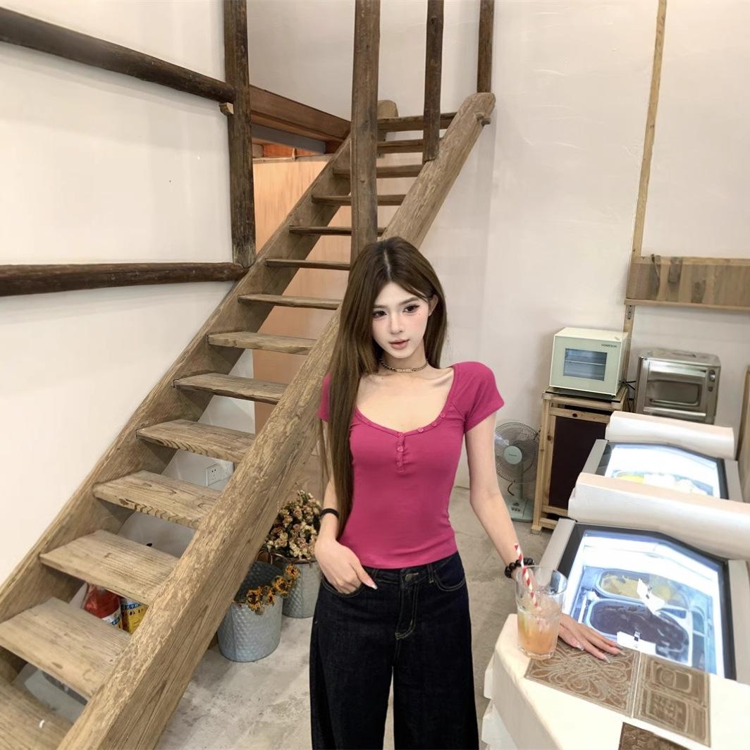 

Женский темно-синий топ с V-образным вырезом, утягивающий, с коротким рукавом, летний XL Premium малиновый