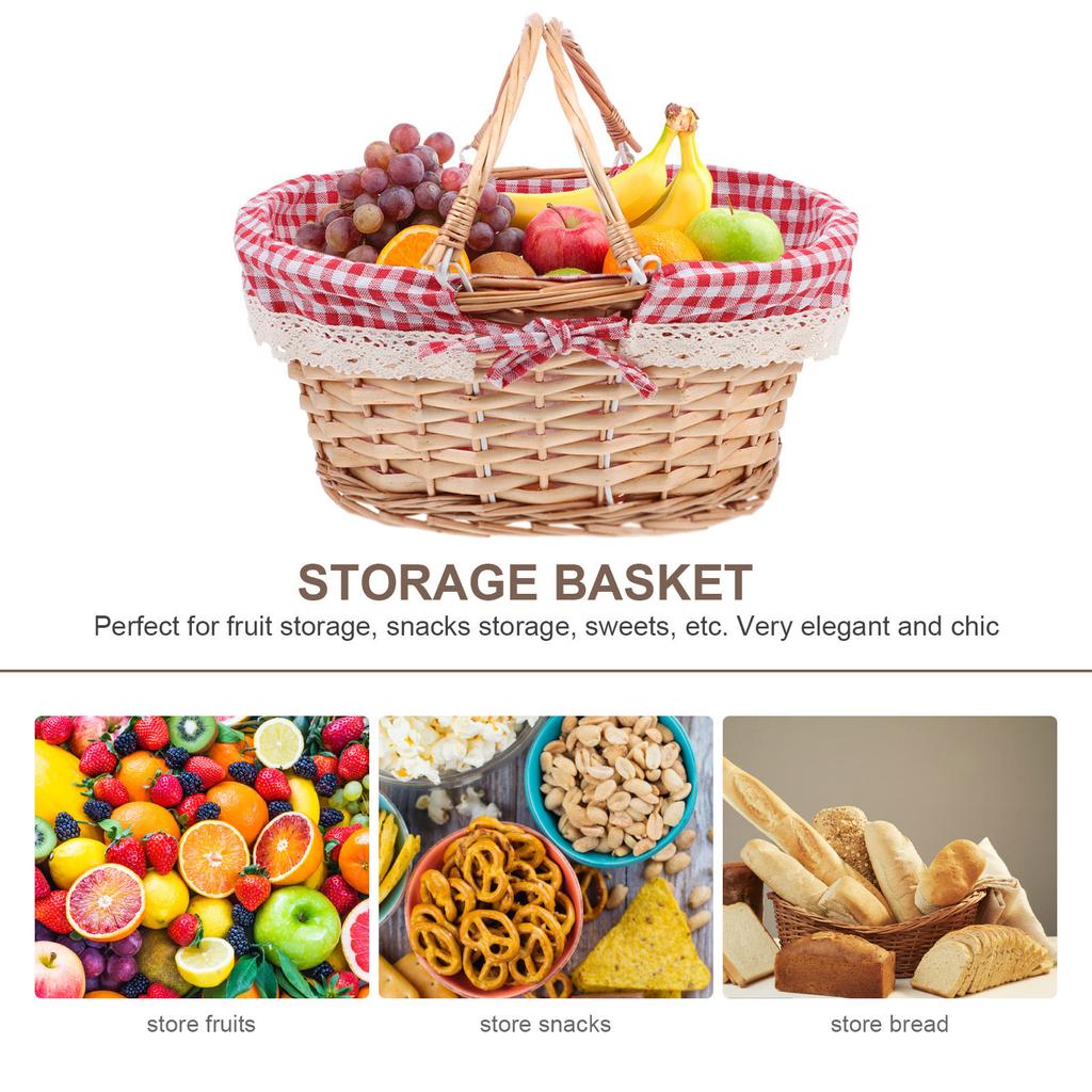 Woven Picnic Basket Natural Color Multi-Function Storage Basket Fruit Vegetable Snack Organizer Outdoor Sundry