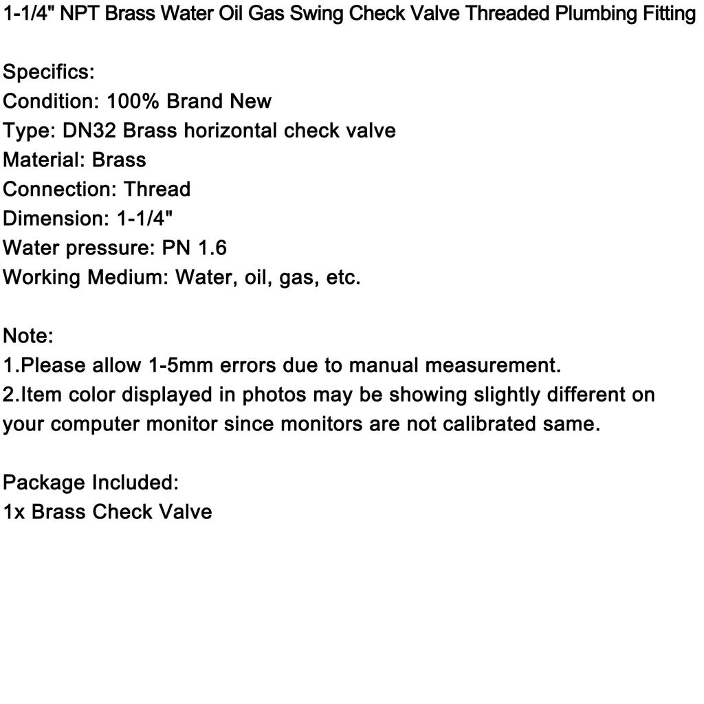 1-1/4" NPT Brass Water Oil Gas Swing Check Valve Threaded Plumbing Fitting