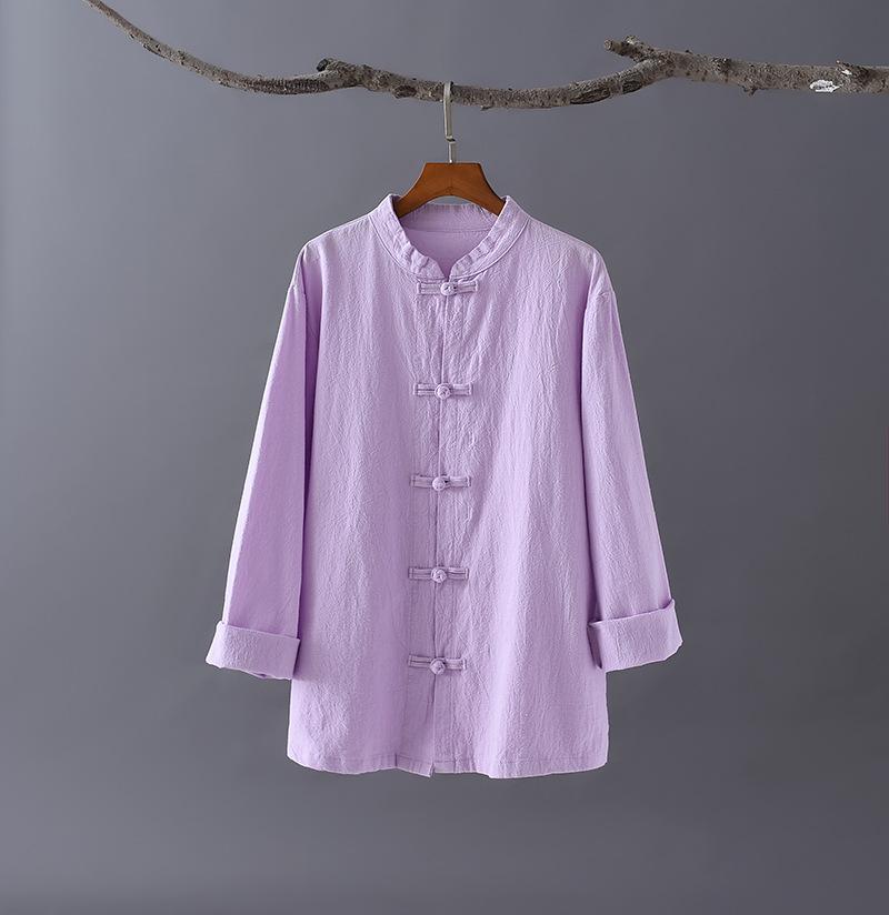 2026 Spring Women's Chinese Retro Linen Stand Collar Shirt with Frog Buttons for Tea Ceremony, Meditation, Zen & Tai Chi Exercise