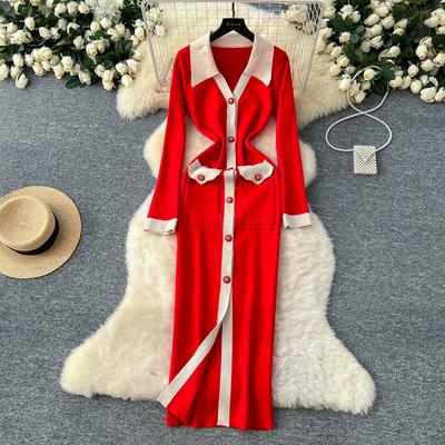 Herbst Winter Damen Elegant Color Blocking Einreiher Gestrickter Pullover Lang Maxi Eng Bodycon Partykleider