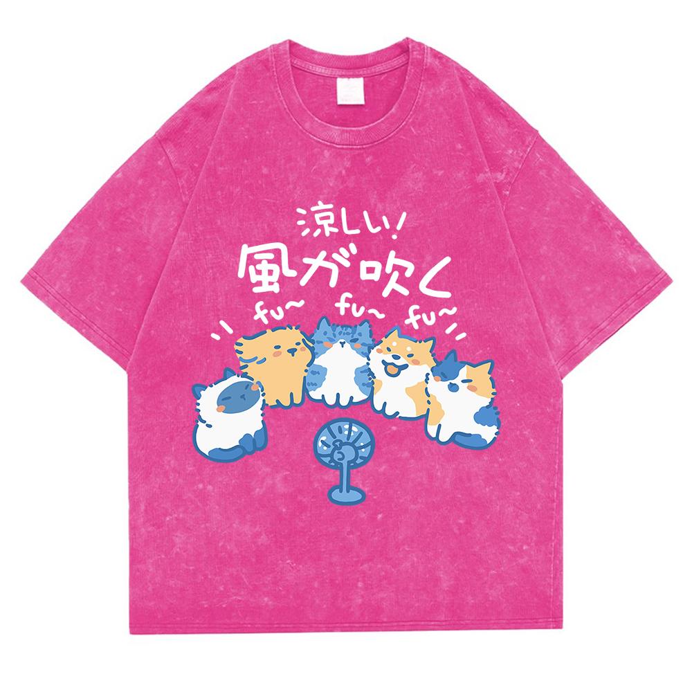 Cute Animals Blowing Fans Washed Retro Snow Clothes Men Loose Oversize T-Shirts Summer Cotton T-Shirt Casual Loose Tops
