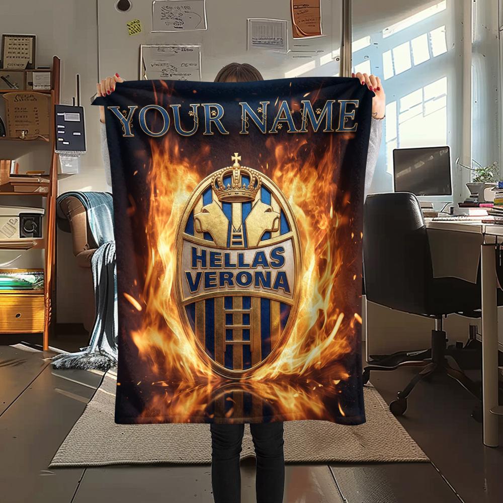 Custom Name Hellas Verona FC Flannel Blanket, High quality Comfortable for All Seasons, Home Decor, Warmth and Comfort