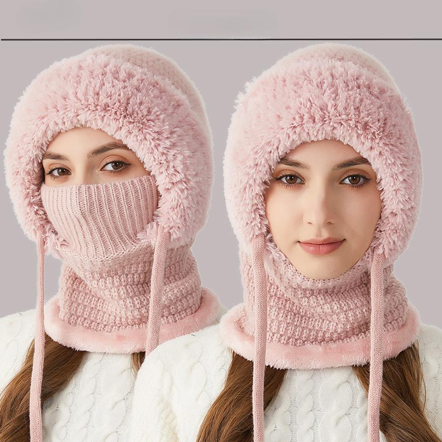

3 in 1 Beanie Hat Women s Knitted Hats in Autumn and Winter, Wind-Resistant Warm with Scarf and Mask рожевий