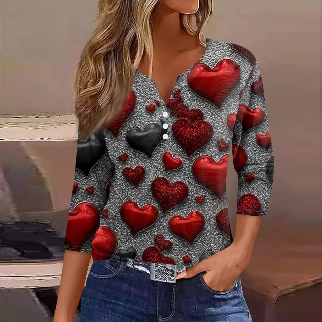 Damen Kragen Valentinstag Print Kurzarm T-Shirt Top