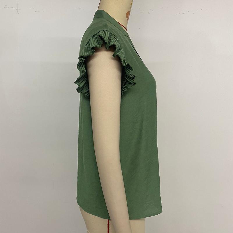 Summer New Retro Casual Tops Women Flying Sleeve Ruffled Solid V-neck Loose Shirts for Women Fashion Elegant Slim Simple Office Ladies Blouses 26607