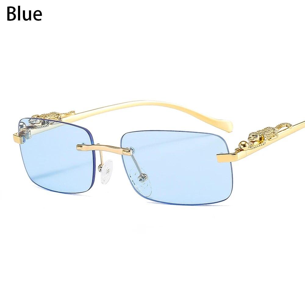 Rimless Rectangle Sunglasses Retro Clear Ocean Lens Sun Glasses Cheetah Decoration Shades UV400 Eyewear for Women Men