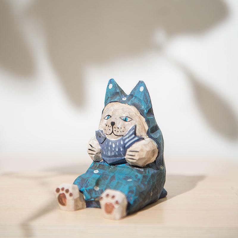 Wooden Cat Sculpture Creative Home Office Desk Ornament For Gifts And Decor