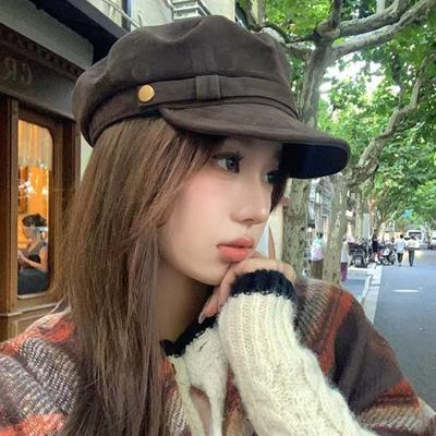 Autumn Atmosphere Maillard~ Brown Suede Flat-topped Newsboy Hat for Women's Autumn and Winter Retro British Octagonal Beret