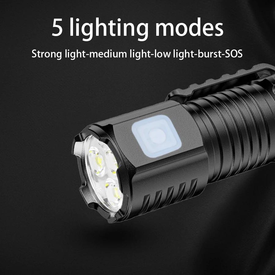 Three Eyed Portable Flashlight USB Rechargeable Lamp with Built in Battery LED Torch Waterproof Outdoor Camping MINI Handlights