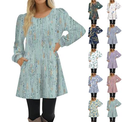 Rochie de damă la modă cu mânecă lungă, linie A, casual, tip pulover, cu gât rotund, cu nasturi, croială lejeră, cu buzunare