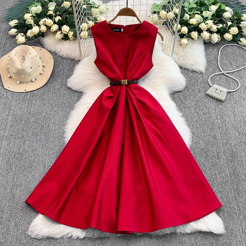 

Elegant Sleeveless round Neck Formal Dress Long dress Women Summer High end Niche Birthday Exquisite Waist Hugging Slimming Big Hemline Dress Red S