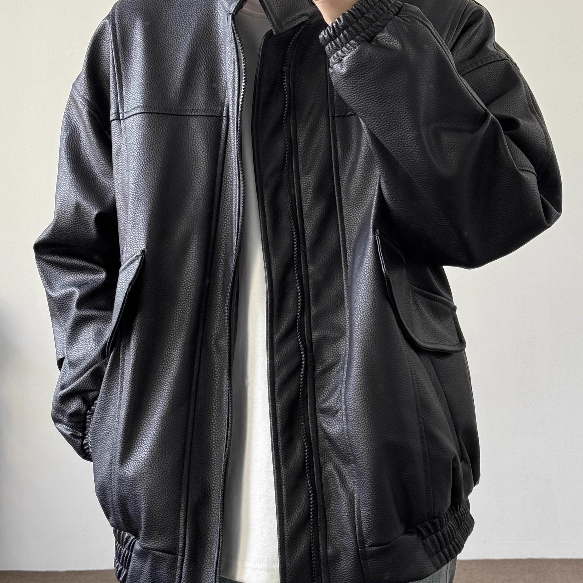 

Men s Retro Litchi Leather Motorcycle Jacket: Stand Collar, Casual, Loose Fit, Japanese Trend, Spring/Autumn. XXL чорний