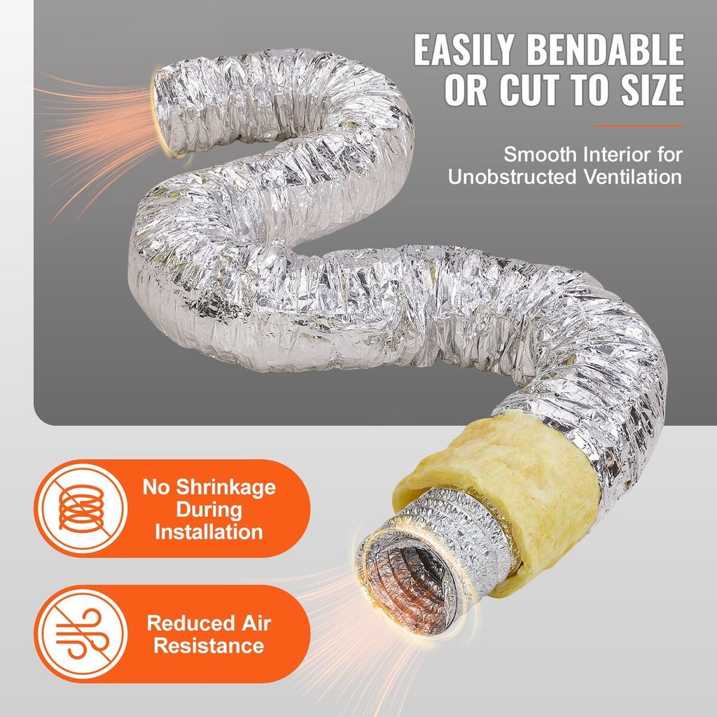 Dryer Vent Hose, 127MM Insulated Flexible Duct 7.62M Long with 2 Duct Clamps, Heavy-Duty Three Layer Protection for HVAC Heating Cooling Ventilation