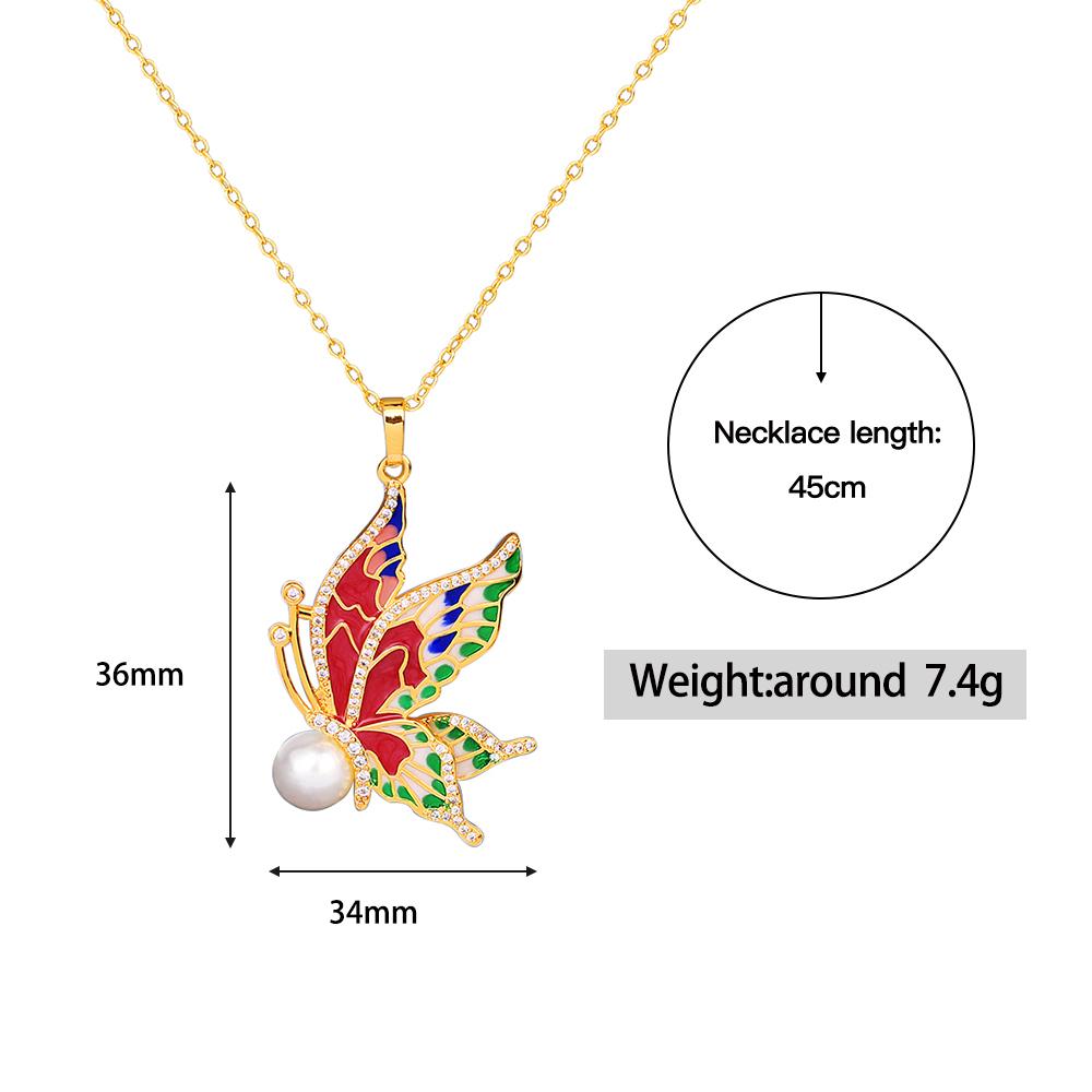 Classic Necklace for Women's Color Epoxy Butterfly Pendant Inlaid Pearl Necklace Handmade Enamel Jewelry Women's Sweater Chain