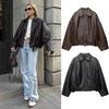 Vintage PU-Leder Bomberjacken Herbst Damen Reißverschluss Revers Langarm Tasche Mantel mit Gürtel Damen Locker Streetwear