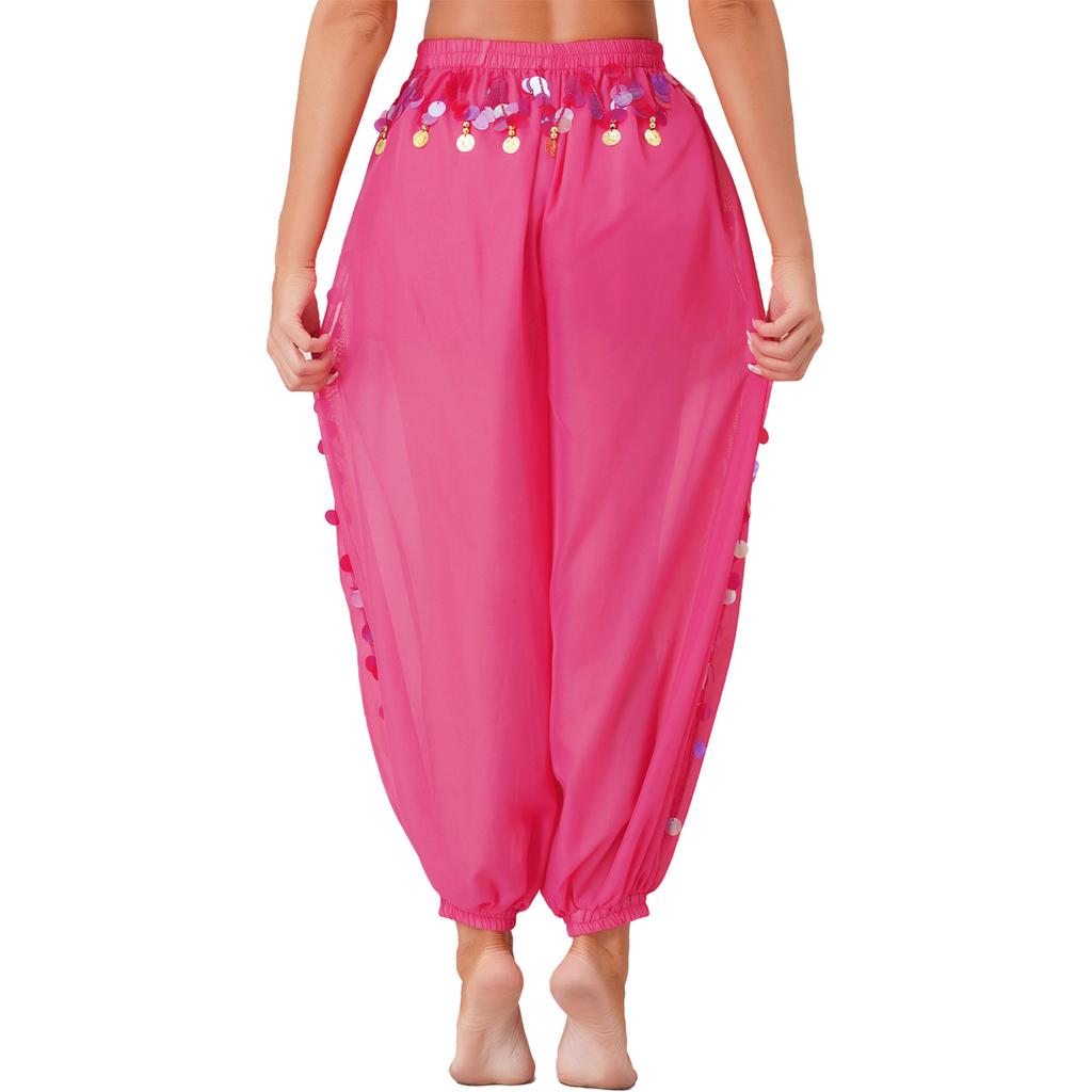 Bauchtanz-Kostüm für Damen, Laternenhose, seitlich geteilte Pailletten, glänzende Haremshose, arabische Halloween-Hose