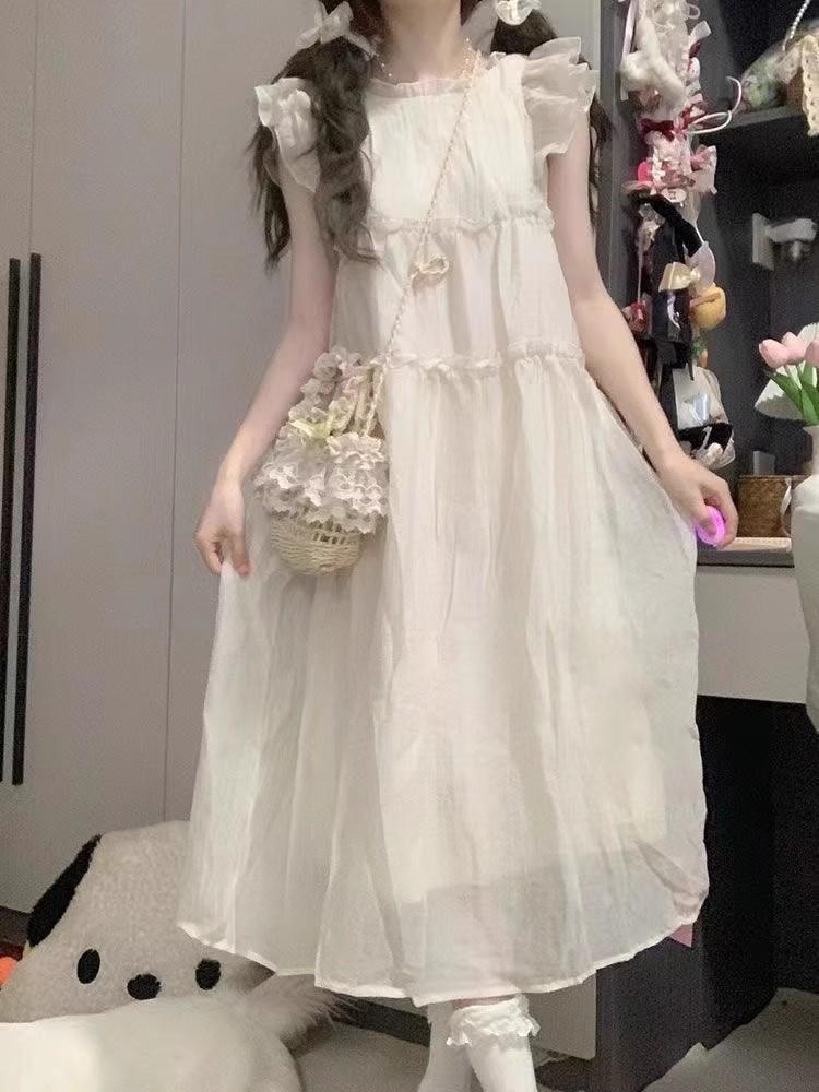 

French first love small flying sleeve dress women s summer new small pear-shaped figure seaside vacation dress XL білий