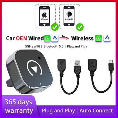 2in1 Wired To Wireless CarPlay Android Auto Adapter for OEM Car Stereo With USB Plug and Play Bluetooth