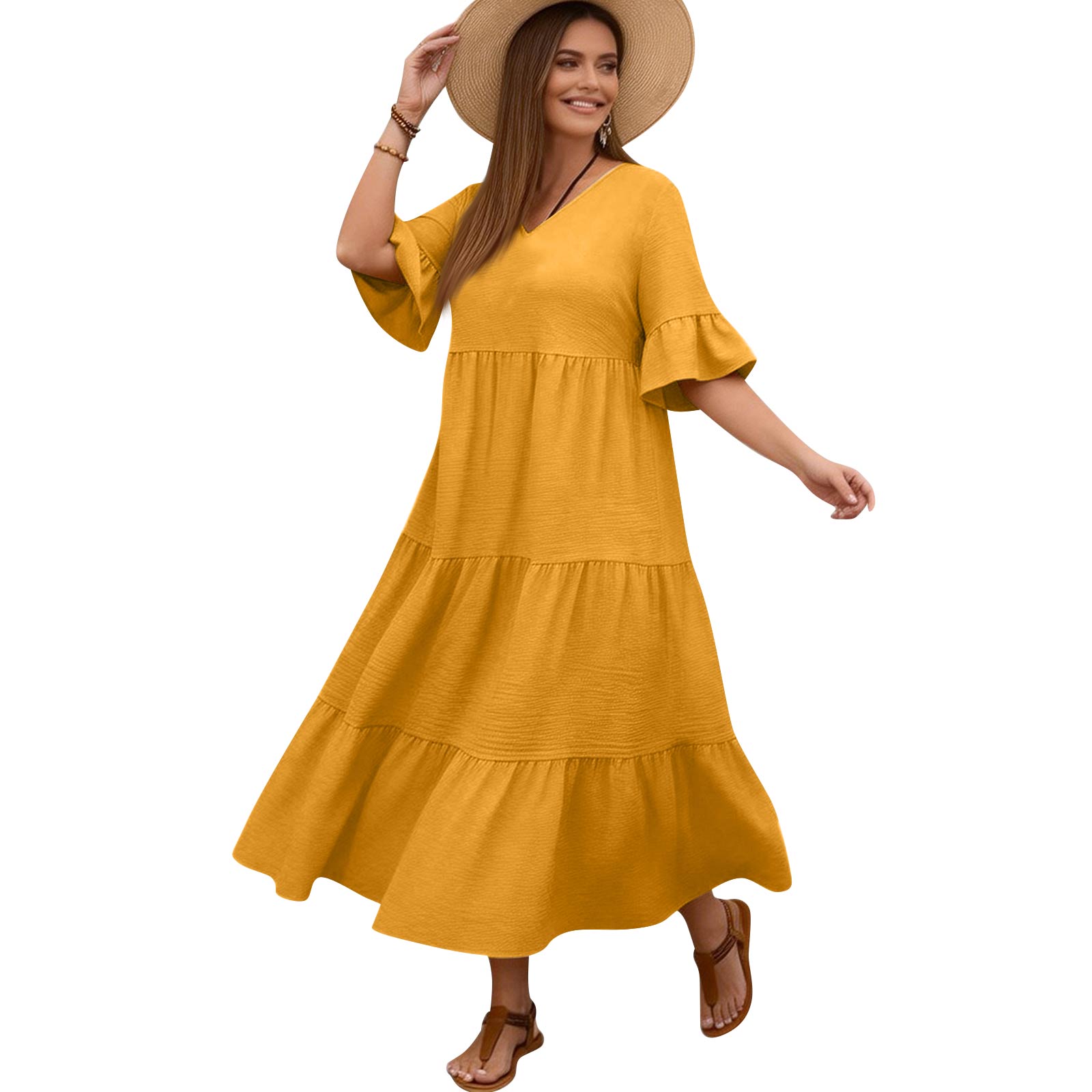 

Women s Plus Size Casual Loose Fit V Neck Short Sleeve Long Length Full Skirt Dress XL жовтий