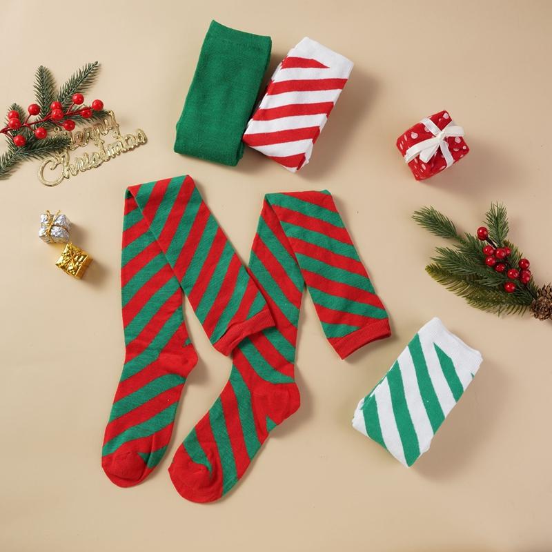 Christmas Green Red Cotton Stocking Striped Over The Knee Bowknot Long Socks