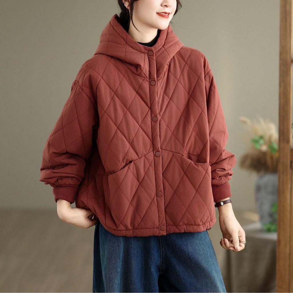 Women's Diamond Pattern Hooded Cotton Jacket - Winter Coat with Dark Buckle, Style 81607.