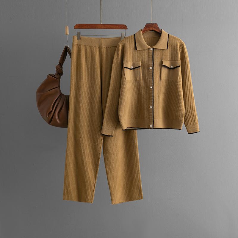 French Style Knitting 2pcs Suits Women Fake Pocket Single Breasted Polo Neck Top+Long Pants Fashion Two Pieces Sets