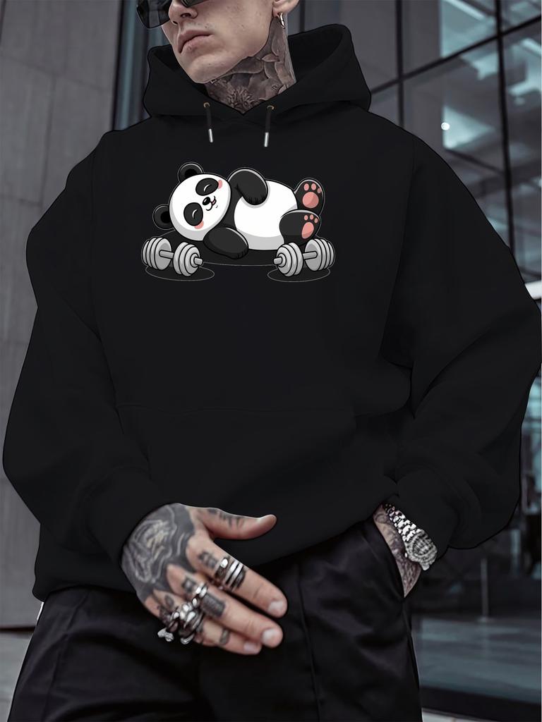 Fitness Panda unisex Gym Panda Graphic Hooded Sweatshirt - Black & Yellow Streetwear Pullover, Soft Fabric Large Size Casual Winter Warmth for Gym & C