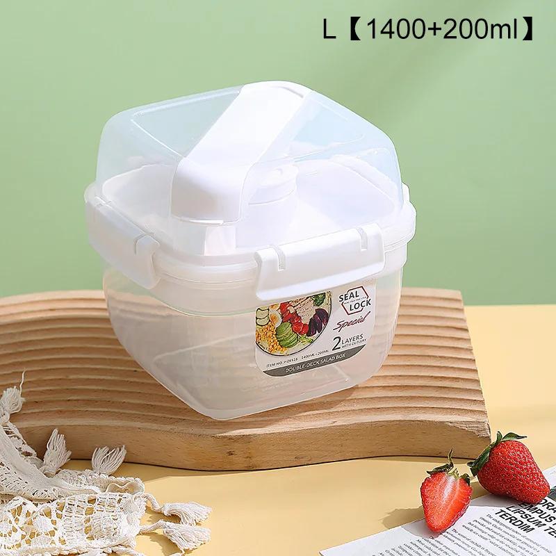 Portable 2 Layer Salad Bowls with Fork 1300ml/1600ml Lunch Box Sealed Leakproof Bento Boxes Reusable Picnic Box Food Container