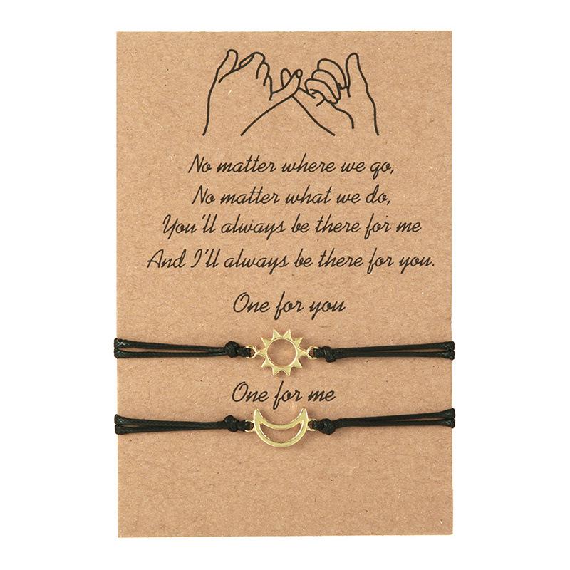 Sun Moon Stars Wax Cord Bracelet Set - Handmade 3-Piece for Friends & Couples