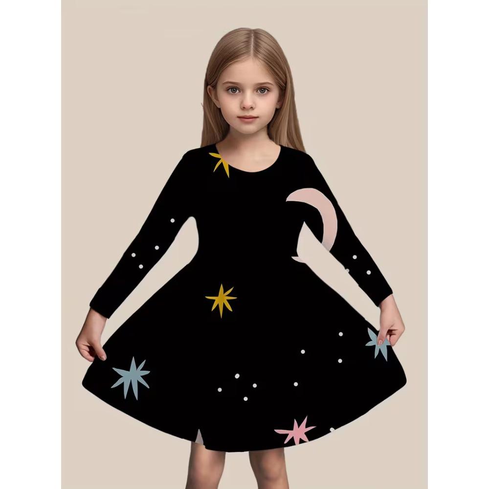 Girls' 3D Moon and Star Dress Long Sleeve Summer Spring Vacation Daily Holiday Princess Beautiful Sweet Kids 4-12 Years Casual Dress A Line Dress