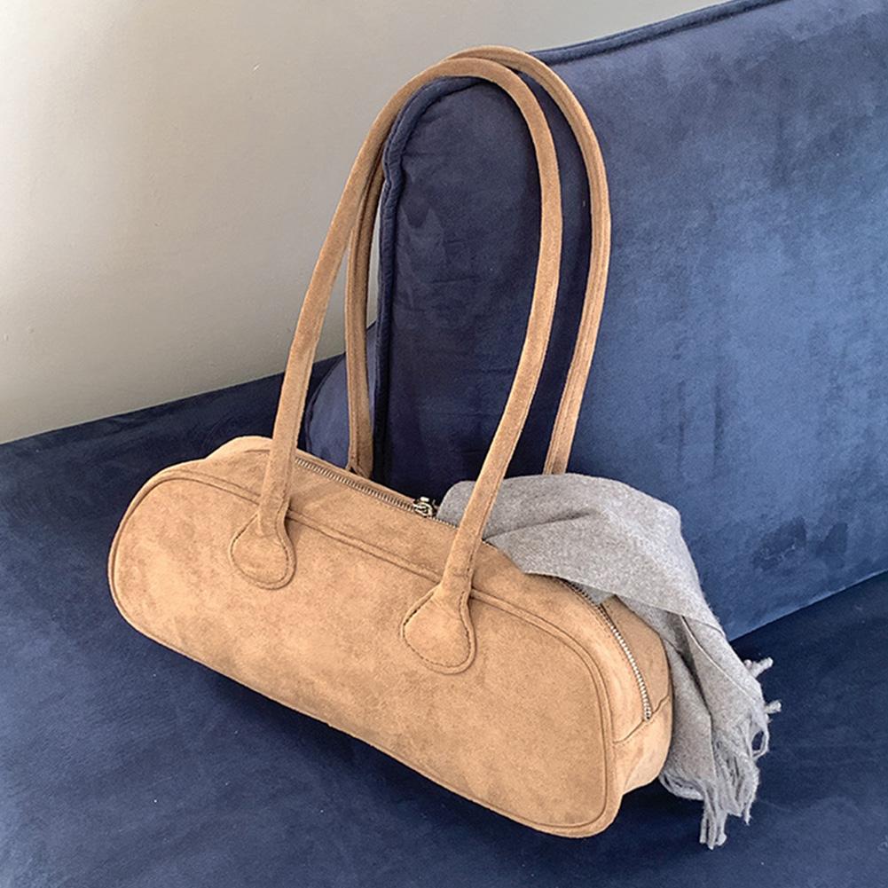 Women Suede Boston Tote Bag Suede Shoulder Bag Zipper Bowling Handbag Solid Color Multi-pocket Clutch Purse for Shopping Travel