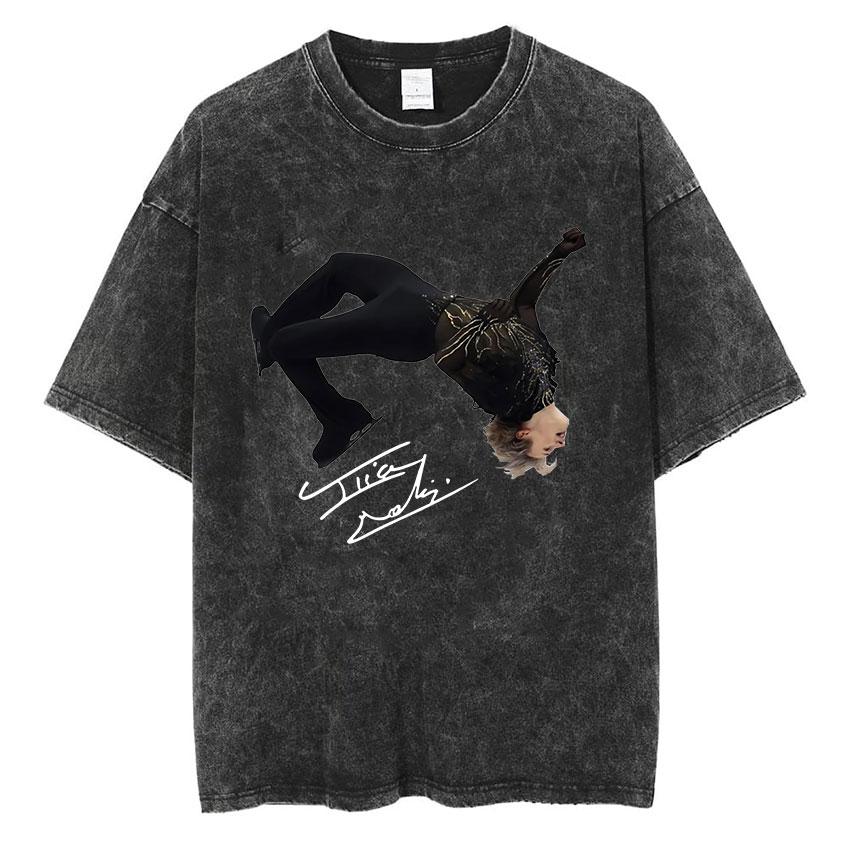 Champions Ilia Malinin Ice Skating Vintage Washed T Shirts Mens Summer Fashion Oversized Cotton Tshirt Unisex Streetwear