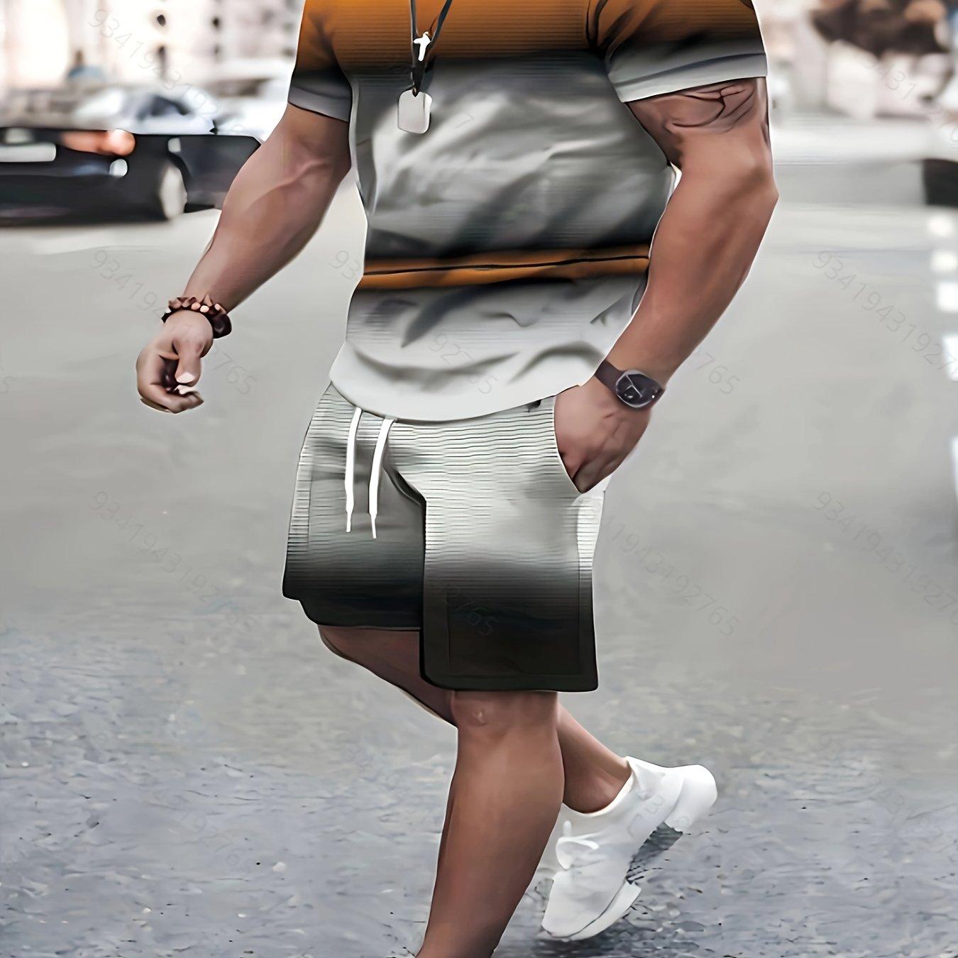 

Мужская одежда с эффектом омбре из 2 предметов, повседневная футболка с круглым вырезом с короткими рукавами и шорты на шнурке для лета, мужская одежда